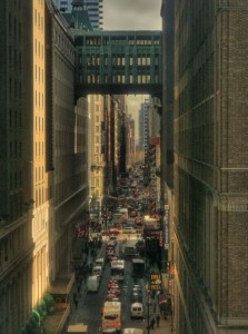 Traffic jam between New York skyscrapers