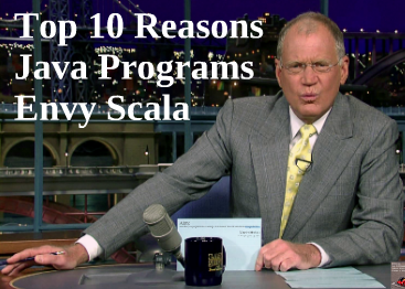 An image of David Letterman holding one of the index cards he used to use for the "Top Ten", next to the title text "Top 10 Reasons Java Programs Envy Scala"