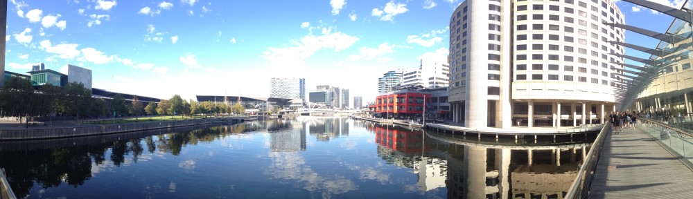 Panorama of the Yarra River, including the Melbourne Convention Centre