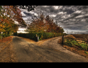 A country road with a fork going off to one side, symbolic of a feature flag in code